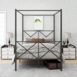 JELUTE Double Bed Frame Metal Headboard Footboard Modern Style Steel Bed Platform Heavy Duty Slats Bed Black