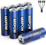MXPOW laetavad patareid AA liitium USB-C 1,5 V 3400 mWh liitiumaku AA, pakett 8 kiirlaadimise USB aku koos 4 in 1 laadimiskaabliga 1500 ts&uuml;klit