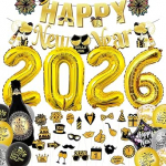 Alaiyaky aastavahetuse dekoratsioon 2026, aastavahetuse dekoratsioon sisaldab Happy New Year Banner Photo Props Made of Paper Party Ball and Black Streamers, dekoratsioonid aastavahetuse peole 2026.