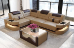 Sofa Dreams Como L-kujuline nahast diivan LED-valgustusega, reguleeritavad peatuged, nahav&auml;rvide valik / orientatsiooni valik (vasakpoolne nurk / liivabeež / tumepruun)