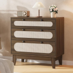 Kommode mit 3 Schubladen, Rattan-Kommode mit Griffen und Beinen aus Massivholz, moderne Holztruhe mit ger&auml;umigem Stauraum f&uuml;r Schlafzimmer, Wohnzimmer, Flur und Schrank - Dunkles Holz