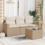 4-TLG. Garten-Sofagarnitur Beige Poly Rattan mit Kissen, Gartensofa Set mit Stauraum und wasserabweisendem Beutel, inklusive Gartensessel mit abnehmbaren Bez&uuml;gen