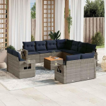 12-teiliges Gartensofa-Set mit Kissen aus grauem Polyrattan und Beistelltisch als Gartenm&ouml;bel Set mit abnehmbaren Bez&uuml;gen