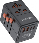 65 W GaN reisimisadapter maailmas, universaalne reisimisadapter reisipistik 2 USB C ja 2 USB A, kiire laadimise rahvusvaheline pistikupesa adapter EL, Suurbritannia, USA, Jaapan, Tai, Austraalia, mustas toonis