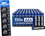 North Tech AAA patareid Ultra Alkaline - 150 (1200 mAh) + 5 x CR2032 | 1,5 V toiteallikas suure voolutugevusega seadmetele | Suure j&otilde;udlusega, lekkekindel ja vastupidav I 10 aastat s&auml;ilivusaega