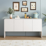 Minimalistlik stiilne k&uuml;ljepaneel 4 uksega ja tagasip&ouml;&ouml;rdumisseadmega, puidust kapp, kapp, hoiukapp, puidust jalgadega k&uuml;ljepaneel k&ouml;&ouml;ki, s&ouml;&ouml;gituppa, elutuppa (valge)