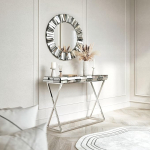 FABS Knightsbridge Collection - Grau verspiegelter Konsolentisch - grauer runder Wandspiegel - Combo - Glasm&ouml;bel - Flur - Schlafzimmer