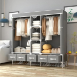 Anmas Power Narrow Fabric Wardrobe Furniture with Drawers - 185 x 45 x 175 cm - Light Grey, Wardrobe Mounted in Bedroom