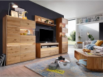 Wohnwand Wohnm&ouml;bel Set Eiche massiv ge&ouml;lt mit Couchtisch, Highboard, Wandboard, Lowboard, Vitrine & LED-Beleuchtung, 5-teilig - Echtholz/Massivholz, Softclose, grifflos