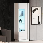 TIZZ kapp 60 x 40 x 180 cm Akr&uuml;&uuml;lkapp uksega k&otilde;rgl&auml;ikega hoiukapp LED valgustusega 3 klaasriiulit Highboard hoiukapp K&otilde;rge kapp Diivanikapp Valge