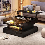 Lcoho 80 x 80 x 45 cm kohvilaud, reguleeritava k&otilde;rgusega kohvilaud varjatud hoiuruumiga ja 2 sahtliga, k&otilde;rgl&auml;ikega elutoa k&uuml;ljelaud, karastatud klaasist elutoa laud (must)