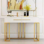 Stilvoller, moderner Konsolentisch aus Holz - geometrische Beine aus goldfarbenem Metall, Schubladenaufbewahrung - perfekt f&uuml;r Eingangsbereich, Flur oder als Sofatisch (80 cm)