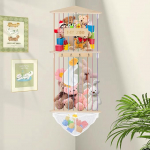 Tefola Stuffed Animal Storage Elastic Rope Plush Organizer Toy Net Adjustable Length Wooden Hammock Corner Plush Storage for Bedroom Kids Room Playroom Furniture
