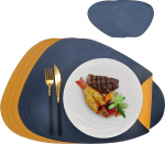 Double Sided Leather Placemats and Coaster Sets - Washable Non-Slip Placemats Heat Resistant for Dining Table (Navy Yellow, 6 Placemats + 6 Coasters)