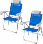 AKTIVE Pack of 2 Folding Beach Chairs, 47 x 63 x 99 cm, 8 Positions, Blue, Load Capacity 110 kg, Includes Cushion, Cup Holder, Bags, Carry Handles, Tilt Protection, Textilene Fabric (85482)