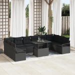 Rantry 11-teiliges Garten-Sofa-Set mit Kissen Schwarzes Poly-Rattan, 2-Sitzer Garten-Sofa mit Stauraum & Kissen Schwarzes Poly-Rattan Gartenlounge Model3357636