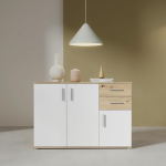 Forte IKOLI sahtlikapp 120, kaasaegne sahtlikapp, 3 ust, 2 sahtlit, elutuba, magamistuba, esikusse, puukomposiit, valge, k&auml;sit&ouml;&ouml;nduslik tammepuidust dekoor, 119,6 cm lai x 81,7 cm k&otilde;rge x 31,4 cm