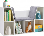 HOMCOM Laste raamaturiiul koos jalakaga 6 kambrit 3 padja M&auml;nguasjariiul Laste raamaturiiul M&auml;nguasjade korraldaja m&auml;ngutuppa lastetoas 103 x 30 x 62 cm Valge + Hall