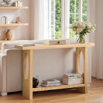 Kitsas konsoollaud maal&auml;hedases stiilis, paksu t&auml;ispuidust laud ja kahekordse seinaga hoiukambriga, kitsas k&uuml;ljelaud diivani taha (kollane, 160 x 30 x 80 cm / 63 x