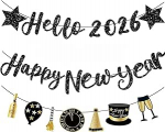 Head uut aastat 2026 Glitter Happy New Year Banner T&auml;hed Tere 2026 Bunting Banner Must kuld Champagne Kellad &otilde;hupallid 3 tk dekoratsioon komplekt