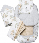 Medi Partners Babynest Nest beebikomplekt vasts&uuml;ndinutele - 100x60x10 Cuddly Nest 5 tk kaasaskantav pesa kahepoolne beebipesa voodi 100% puuvillane (Safari koos beeži Minky'ga)