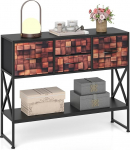 COSTWAY Konsolentisch, Eingangtisch mit 4 Stoffschubladen, Regal & Metallrahmen, Sofatisch mit Holz-Mosaikmuster, Flurtisch f&uuml;r kleine R&auml;ume, schmaler Beistelltisch f&uuml;r Flur, Diele & Wohnzimmer