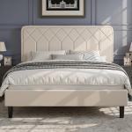 VECELO 4ft6 Double Upholstered Bed Platform Base - Raskekaaluline puidust liistudega alus - ei vaja kastivedrusid - Veluurkangas - lihtne kokku panna - beež
