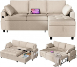 YODOLLA Diivanvoodi 3-in-1, l&uuml;litatav Chaise Longue diivan, nahast diivanvoodi voodikastiga, USB pordid ja tassihoidja, pikendatav diivan elutuppa ja korterisse, beež