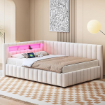 Diivanvoodi 140 x 200 cm, polsterdatud voodi LED-valguse ja USB-laadimisportiga, p&auml;evavoodi seljatoega, pealae ja voodiraamiga, elutuppa, magamistuppa, sametkangas, beež (madrats ei kuulu komplekti)
