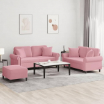 3-TLG. Sofagarnitur mit Kissen Rosa Samt, 2 Sitzer Sofa und Hocker, weiches Velours Wohnzimmer Set, bequem f&uuml;r Fernsehen und Entspannen, modernes Design