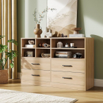 Kommode aus Massivholz mit 4 Schubladen & 6 Offenen F&auml;chern, Schubladenschrank mit Verstellbare Regale, TV-St&auml;nder & Aufbewahrung f&uuml;r Schlafzimmer, Wohnzimmer & Flur, 120 x 40 x 80cm, Natur