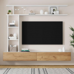 TV Wohnwand-Set 180x35x22.5cm, mit Vitrinen und Wandregal, Wei&szlig; und Holzfarbe, Spanplatte, f&uuml;r TV bis 80 Zoll