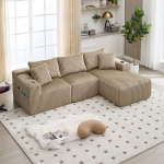 Gecheer Modulares Sofa Set mit Chaiselongue & 2-Sitzer, Cordbezug, 5 Kissen, Seitentaschen & Cupholder, hochdichte Schaumstofff&uuml;llung, f&uuml;r Wohnzimmer, Apartment & Studio Khaki