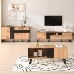 AUJDKDH Living Room Set: Display Cabinet with LED Lights, TV Cabinet, Coffee Table Combination. The combination of wood and black provides a stylish and classic living room style. (Set 2-Natural)