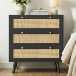 Yvsevnr Rattan Kommode mit 3 Schubladen Schwarz Sideboard Schlafzimmer Holz Komodenschrank mit Viel Stauraum, Kippschutz, Schubladenschrank f&uuml;r B&uuml;ro, Wohnzimmer, Schlafzimmer, Flur 80 x 40 x 91.5 cm