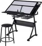 Yaheetech Height-Adjustable Drawing Table Set, Tilting Table Top, Desk, Architect Table with Lots of Storage Space & Stool Desk for Painting/Drawing, Black