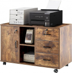 TUKAILAI lukustatav rullitav konteiner 3 sahtliga, hoiukambriga ja avatud riiulitega, arhiivikapp, ratastega kontorikapp, dokumendid DIN A4, Legal, Letter formaadis, kontorim&ouml;&ouml;bel, pruun