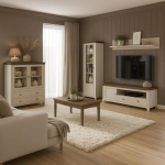 Lomadox Wohnwand Set in Beige & Eiche im modernen Landhausstil - 5-teilig mit Highboard, Vitrine, Lowboard, Wandregal und Couchtisch, Wohnzimmerm&ouml;bel-Set, Kaschmir