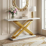 Lailang 140cm Konsolentisch, Flurtisch Schmal, Eingangstisch Wohnzimmer, Konsolentisch Gold, Konsole Holz, Extra pikk konsoollaud, 140 x 35 x 80 cm, Gold & Wei&szlig;