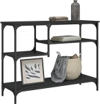 Moderner Konsolentisch mit Metallstruktur und mehrschichtigen Holzregalen, schwarz, 100 x 35 x 75 cm, industrielles Design f&uuml;r Eingang, Wohnzimmer, gro&szlig;er Stauraum,