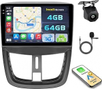 Hikity Android 15 4+64G autoraadio Peugeot 207 2006-2015 9-tollise Incell puuteekraaniga, autoraadio 2DIN traadita Carplay Android autoga, FM/RDS raadio BT GPS WiFi tagurduskaamera + mikrofon