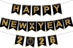 iwiio Silvester Party Dekorationen 2025 - Glitzer Schwarz Gold Happy New Year 2025 Banner, h&auml;ngende Wimpelkette f&uuml;r Silvester Party Supplies Dekorationen - Home Holiday Dekorationen