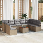 Rantry 10-teiliges Garten-Sofa-Set mit Kissen Beige Poly Rattan Akazie Gartenlounge Model3347749