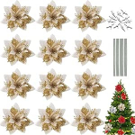 Pakett 12 j&otilde;ulup&auml;rja j&otilde;ulupuu lilled, Glitter dekoratsioon j&otilde;ululilled klambritega + varred, Glitter j&otilde;ululill pulm j&otilde;ulupuu j&otilde;ulupuu uksep&auml;rg (kuldne)