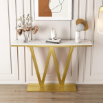 Konsolentisch mit Sinterstein-Top & W-f&ouml;rmiger Stabiler Basis, Multifunktionaler Eingangstisch mit Geb&uuml;rstetem Titan-Gold-Rahmen, f&uuml;r Foyer, Wohnzimmer, Schlafzimmer & B&uuml;ro(White+Gold,160cm/63.0")