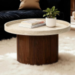Hometopia &uuml;mmargune kohvilaud travertiini v&auml;limusega, &uuml;mmargune kohvilaud minimalistliku disainiga, pruunist puidust raamiga, kaasaegne puidust elutoa laud elutuppa ja kohvipinna jaoks.