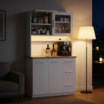 Devoko k&ouml;&ouml;gikapp, buffeekapp, k&otilde;rge kapp pistikupesade ja LED valgusribadega 3000 K, t&ouml;&ouml;pinnaga 24 mm, reguleeritavad riiulid, 3 sahtlit, 100 x 40 x 182 cm (Glacier White)