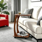 C-f&ouml;rmiger Beistelltisch, C-Tisch mit Rollen, TV-Tablett, Beistelltisch f&uuml;r Wohnzimmer, Schlafzimmer (Walnussfarbe) (46 cm T x 34,8 cm B x 63 cm H)