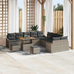 Modulares Terrassen-Set Grau, Gartensofa-Set 13-teilig mit Kissen und Stauraum als Outdoor-Sofa-Gruppe, Poly Rattan Gartenm&ouml;bel-Set mit 4 Armsofa, 6 Zweisitzern, 2 Hockern, 1