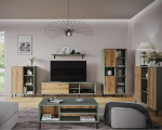 Living Room Complete Set Including Coffee Table in Grey/Green with Oak 6-Piece Chest of Drawers TV Lowboard Wall Shelf Sideboard